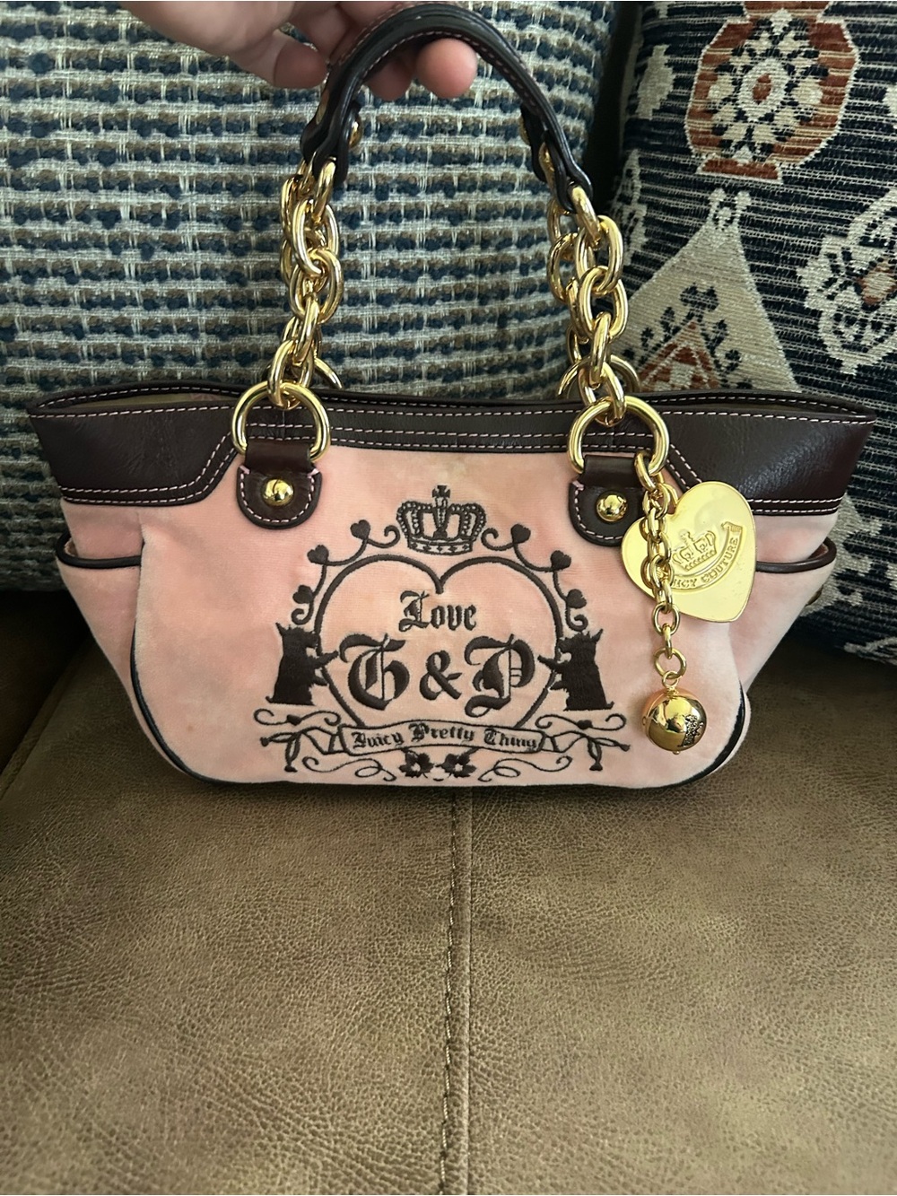 Juicy Couture Pink & Brown Logo Charm Chain-Handle Shoulder Bag Vintage Y2K - Picture 2 of 9